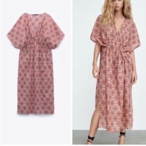 ZARA Maxi Relaxed Kimono Dress Swimwear Coverup Print Cotton Pink XS